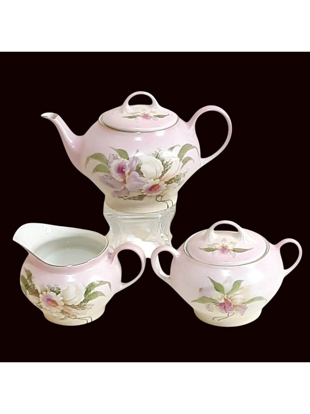 Vintage Z.S. & Co Bavaria Pink Floral Teapot Sugar Bowl Creamer Set Gold Trim